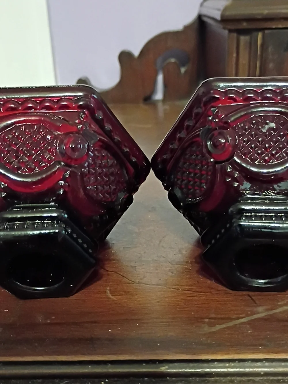 Vintage Avon Cape Cod. Ruby Red Pressed Glass Candlestick Holders - Pair